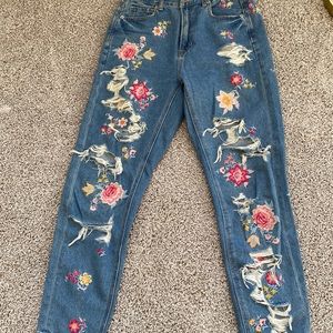 Distressed floral mom jeans